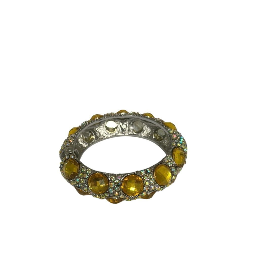 Amber Crystal Statement Bangle Bracelet Silver Tone AB Rhinestone Hinged Cuff